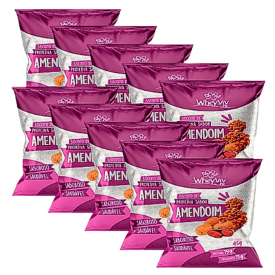 Pacotes roxos e brancos de snack sabor amendoim