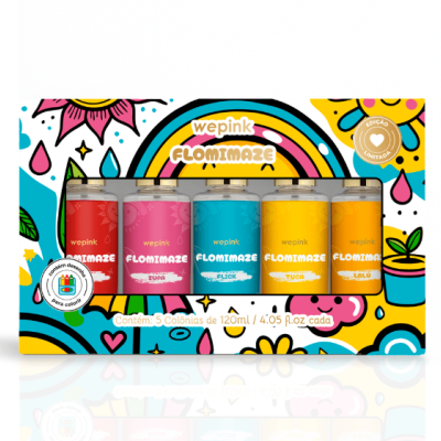 Pack colorido de 5 colónias wepink FLOMMAZE com frascos em várias cores e embalagem decorada com flores