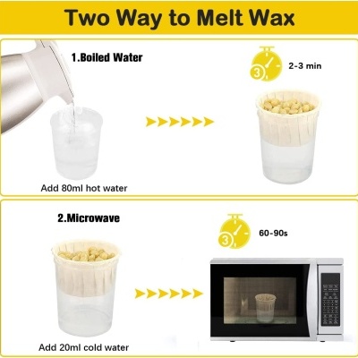 Instruções para derreter cera com água fervida ou micro-ondas