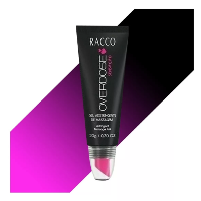 Tubo preto de gel adstringente de massagem com texto RACCO e OVERDOSE SEDUÇÃO
