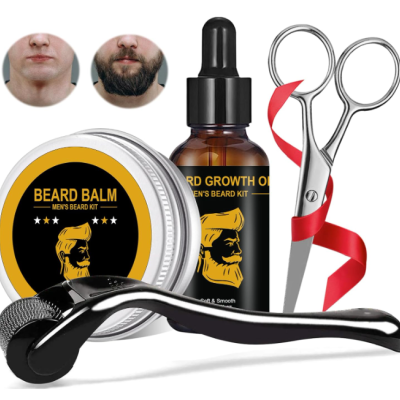Kit para barba masculino com bálsamo, óleo, tesoura e rolo de microagulhas.