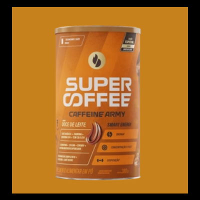 Lata laranja de café em pó SUPER COFFEE com texto branco e castanho