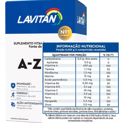 Caixa azul e branca do suplemento vitamínico Lavitan A-Z com tabela nutricional em português.