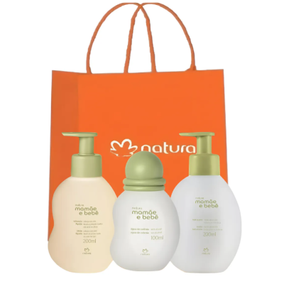 Conjunto de produtos Natura mamãe e bebê com embalagem laranja