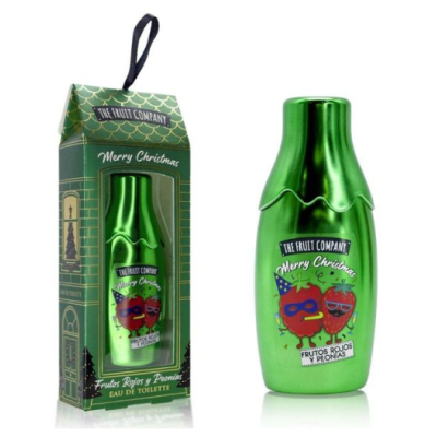 Frasco e embalagem verde metálico de perfume THE FRUIT COMPANY Merry Christmas com frutas animadas e texto em espanhol.