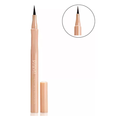 delineador líquido em caneta bege com pincel preto e tampa removida