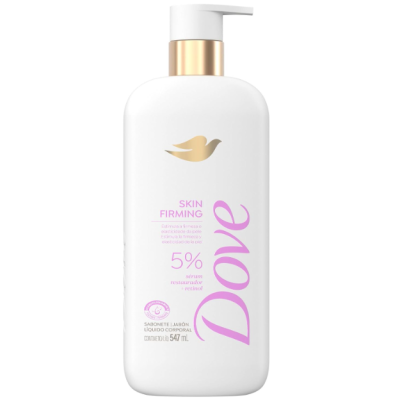 Frasco branco de sabonete líquido Dove com doseador e texto rosa e dourado