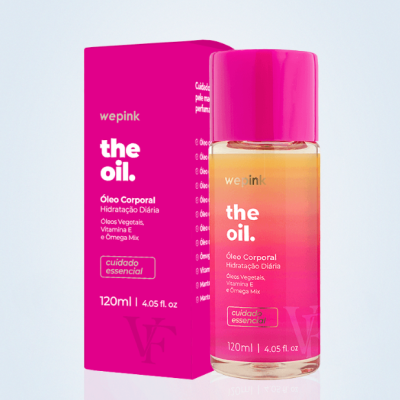 Óleo corporal wepink the oil, embalagem rosa e frasco translúcido com tampa rosa