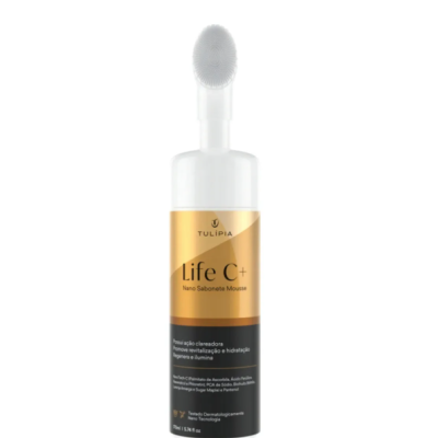 Frasco branco com aplicador tipo escova e rótulo dourado e preto