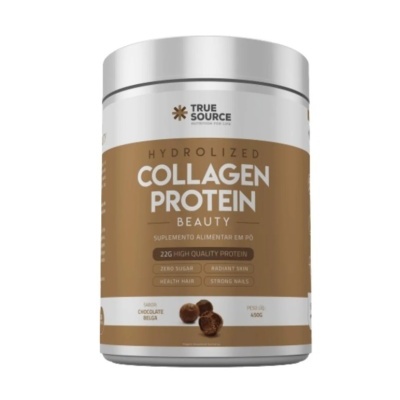 Frasco branco com suplemento em pó de colagénio sabor chocolate belga