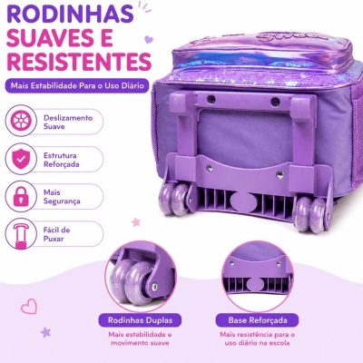Kit&#x20;Mochila&#x20;de&#x20;Rodinhas&#x20;Infantil&#x20;Roxa&#x20;com&#x20;Lancheira&#x20;e&#x20;Estojo&#x20;-&#x20;Estilo&#x20;Princesa&#x20;Encantada