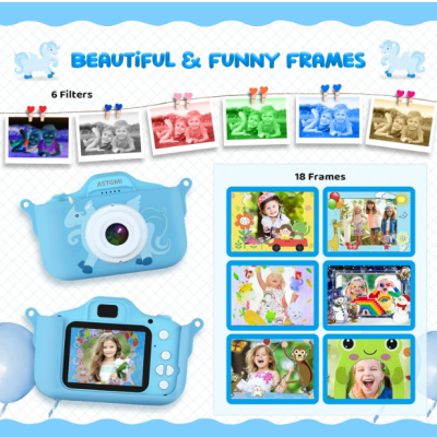 Câmara fotográfica infantil azul com visor digital a cores e filtros coloridos
