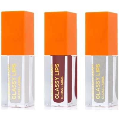 Frascos de gloss labial Glassy Lips com tampa laranja e rótulo dourado