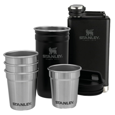 Conjunto Stanley com copos inox e cantil preto com logo