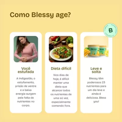Imagem de três colunas com informações e imagens sobre suplemento Blessy, incluindo mulher com dor, prato de salada e potes do produto verde com frutas.