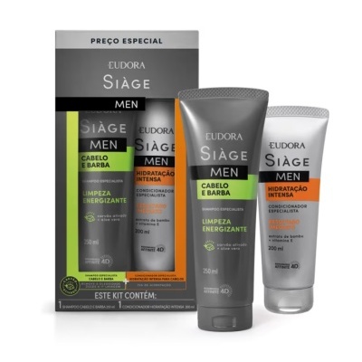 Kit de shampoo e condicionador Eudora Siàge Men para cabelo e barba com embalagem cinza, verde e laranja.