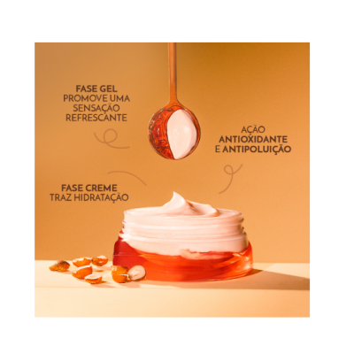 Frasco de creme alaranjado com creme rosa e colher, amêndoas e texto promocional em português.