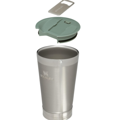 Copo térmico Stanley em aço inoxidável prateado com tampa verde