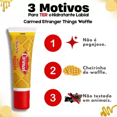 Tubo amarelo e vermelho de hidratante labial Carmed Stranger Things Waffle com texto explicativo em português.