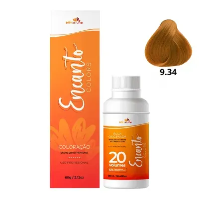 Produtos para coloração de cabelo Emanto Colors com creme e água oxigenada, embalagem laranja e branca.