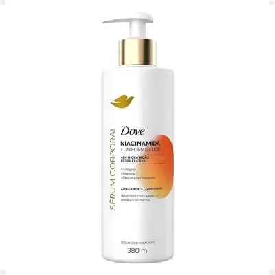 Frasco branco de Sérum Corporal Dove com tampa pump e detalhes dourados