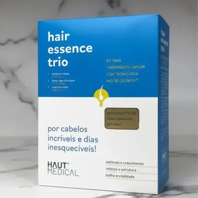 Caixa de tratamento capilar azul e branca com texto em português sobre superfície marmoreada