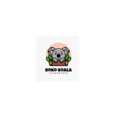 Logotipo coala cinzento com ramos verdes e texto KOKO KOALA SLOGAN HERE