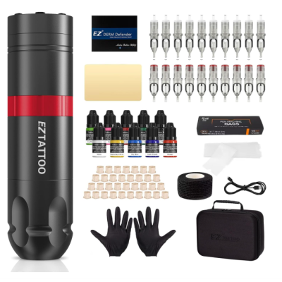 Kit de tatuagem EZTATTOO com máquina, agulhas, tintas, luvas, fita e estojo