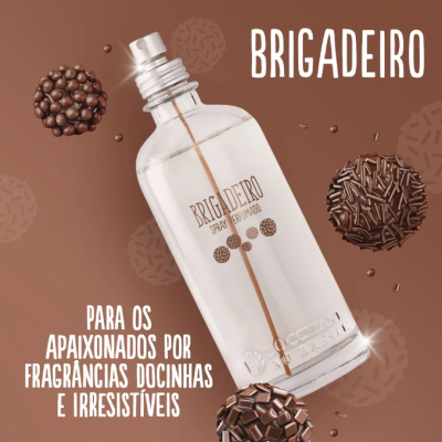 Embalagem de spray corporal Brigadeiro com brigadeiros em fundo castanho
