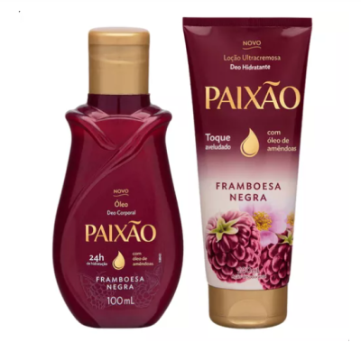 Produtos PAIXÃO óleo corporal e loção hidratante framboesa negra