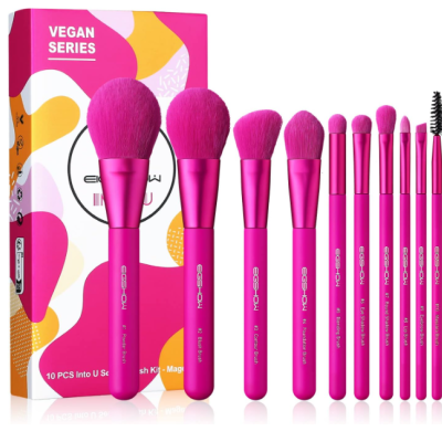 Conjunto de 10 pincéis de maquilhagem rosa com embalagem colorida