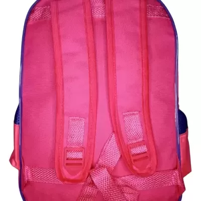 Mochila rosa com alças ajustáveis e contornos azuis vista de trás
