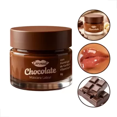Frasco de máscara labial Carmed Chocolate com detalhes em marrom e imagens associadas de lábios e chocolate