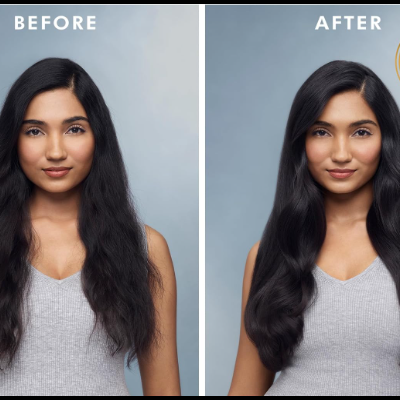 Comparação antes e depois de mulher com cabelo castanho escuro mostrando diferença de brilho e textura.