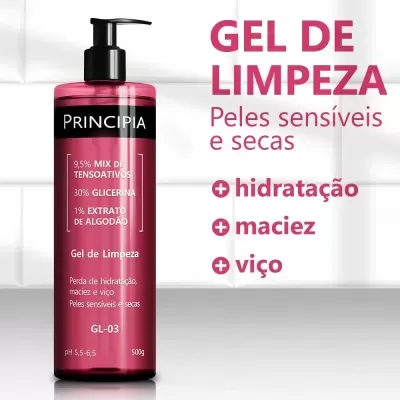Frasco de gel de limpeza rosa com tampa pump preto e texto ao lado em fundo branco