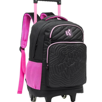 Mochila trolley preta e rosa com rodas e bolsos