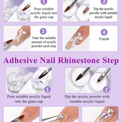 Passo a passo desenho e aplicação de unhas acrílicas e strass com pincéis e copos de líquido acrílico