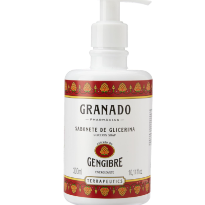 Frasco de sabonete de glicerina com extrato de gengibre da marca Granado Pharmácias