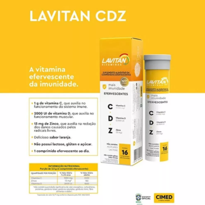 Embalagem amarela e tubo de comprimidos efervescentes LAVITAN CDZ com texto de vitaminas e informações nutricionais