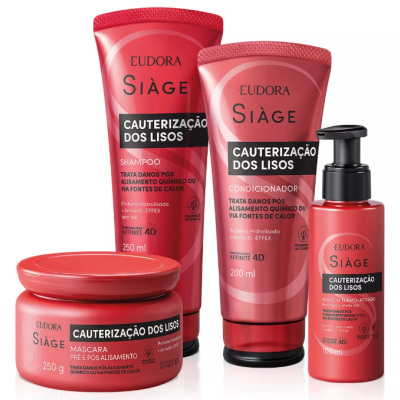 Produtos cuidados cabelo Eudora Siàge Cauterização dos Lisos em embalagens vermelhas.