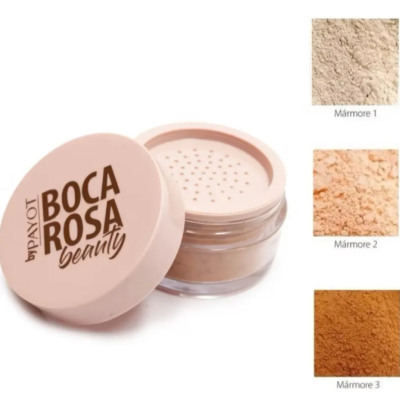 Pó solto facial Boca Rosa em embalagem transparente com tampa rosa e amostras de cores Mármore 1, 2 e 3.