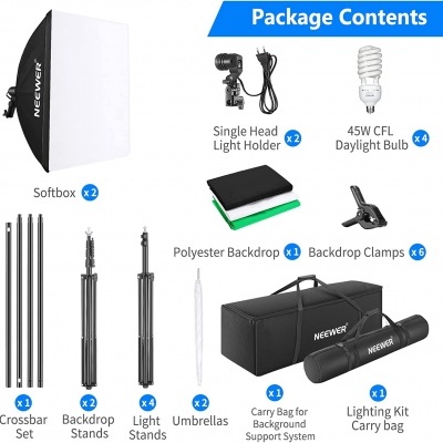 Kit de iluminação fotográfica Neewer com vários acessórios e malas
