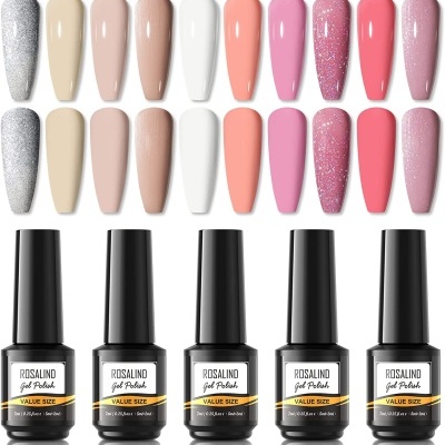 Vernizes Rosalind com amostras de unhas em tons neutros, rosa e glitter