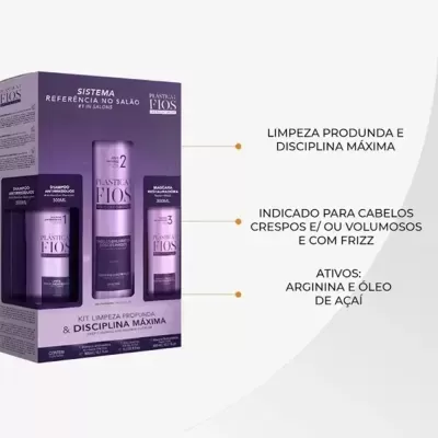 Kit Plástica dos Fios com três frascos roxos para cuidado capilar em caixa roxa