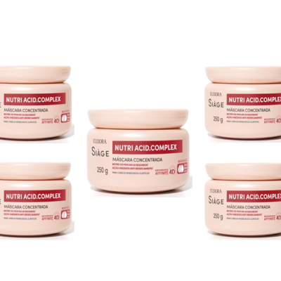 Cinco frascos de creme Nutri Acid.Complex da Eldora Siàge sobre fundo branco