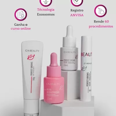 Produtos CA·BEAUTY para sobrancelhas com embalagens branca e rosa e texto em português sobre características e benefícios
