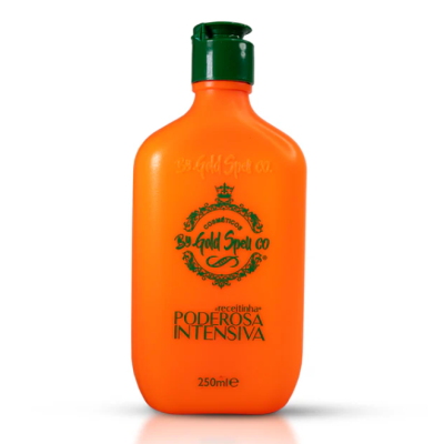 Frasco laranja com tampa verde e texto em verde e laranja