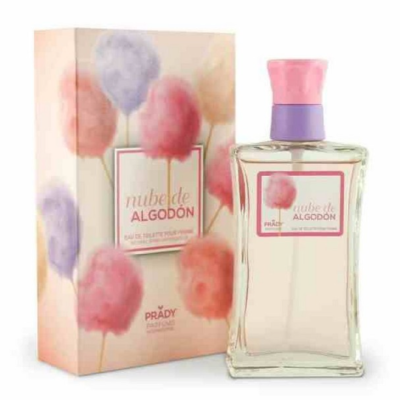 Frasco e embalagem de perfume Nube de Algodón com padrão algodão doce colorido.