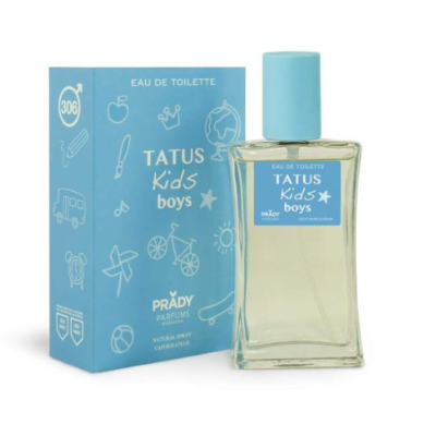 Perfume Eau de Toilette TATUS Kids boys com embalagem azul claro e frasco transparente