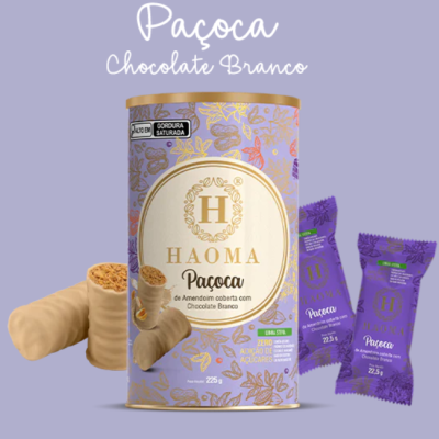 Produto Paçoca Haoma Chocolate Branco em embalagem cilíndrica e embalagens individuais roxas
